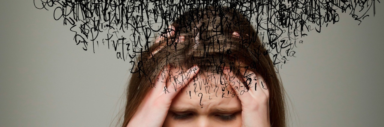 What to Know About Severe Anxiety and Panic Attacks Headache. Obsession. The stream of dark thoughts. Expressions, feelings and moods. Young woman suffering from dark thoughts.