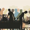Editable vector colorful illustration of people in checkout queues in a busy supermarket