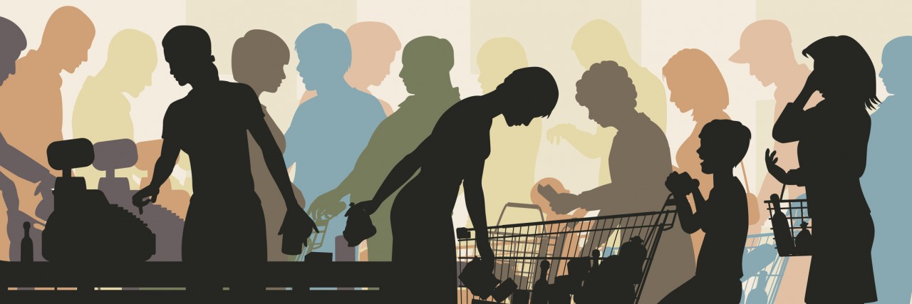 Mom Thanks Autistic Man Who Works at H-E-B Grocery Store Editable vector colorful illustration of people in checkout queues in a busy supermarket