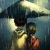 Couple walking in rain, watercolor illustration
