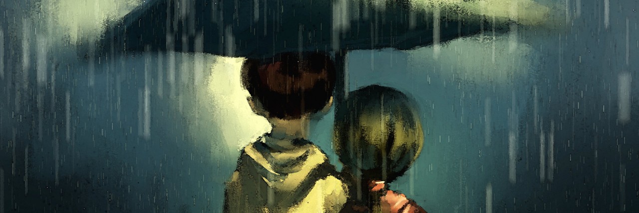 How to Help Me During an Anxiety Attack Couple walking in rain, watercolor illustration