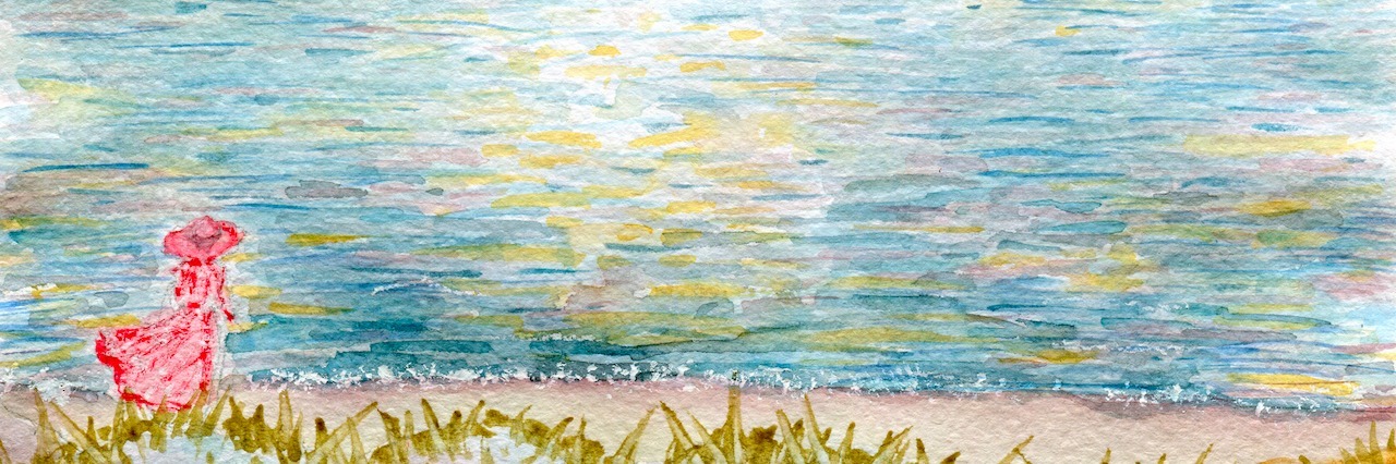 Seascape, a woman on the beach, watercolor illustration and paper texture