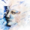 A fantasy detailed drawing of elven man creature, blue fairy man face portrait with gentle abstract structures of pearls and feathers, monochromatic