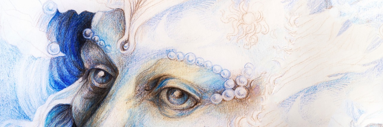 A fantasy detailed drawing of elven man creature, blue fairy man face portrait with gentle abstract structures of pearls and feathers, monochromatic