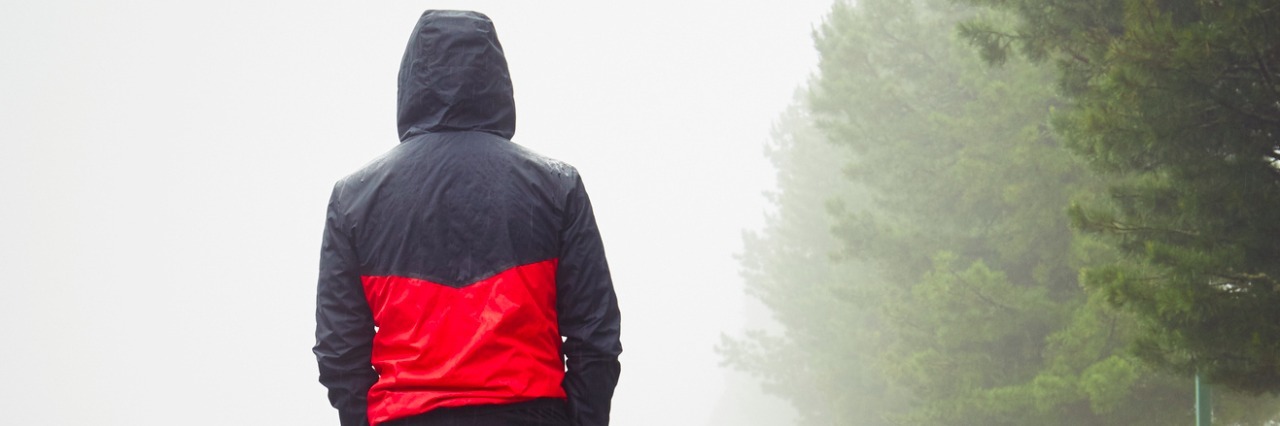 Rear view of man walking down street next to trees on a foggy, overcast day