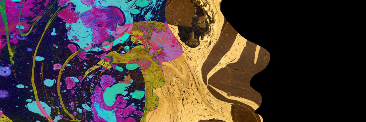 What People With Chronic Pain Want You to Remember Abstract raster watercolor hand drawn posrtrait illustration of girl in profile filled with mix of blue violet and brown oil paints with green stains on black background