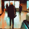 Rear view of person walking near an escalator, wearing a messenger bag