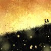 digital painting of sunset with couple in the meadow, oil on canvas texture