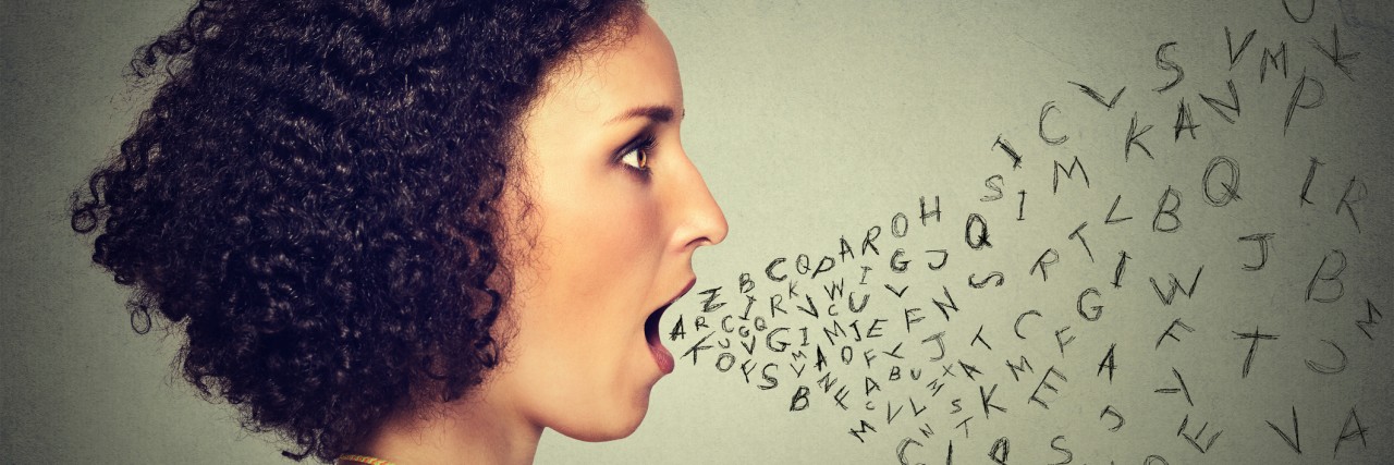 What Not to Say to Someone With a Pulmonary Hypertension Diagnosis Woman talking with alphabet letters coming out of her mouth. Communication, information, intelligence concept