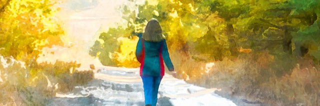 Watercolor illustration girl walking along the road through the forest.