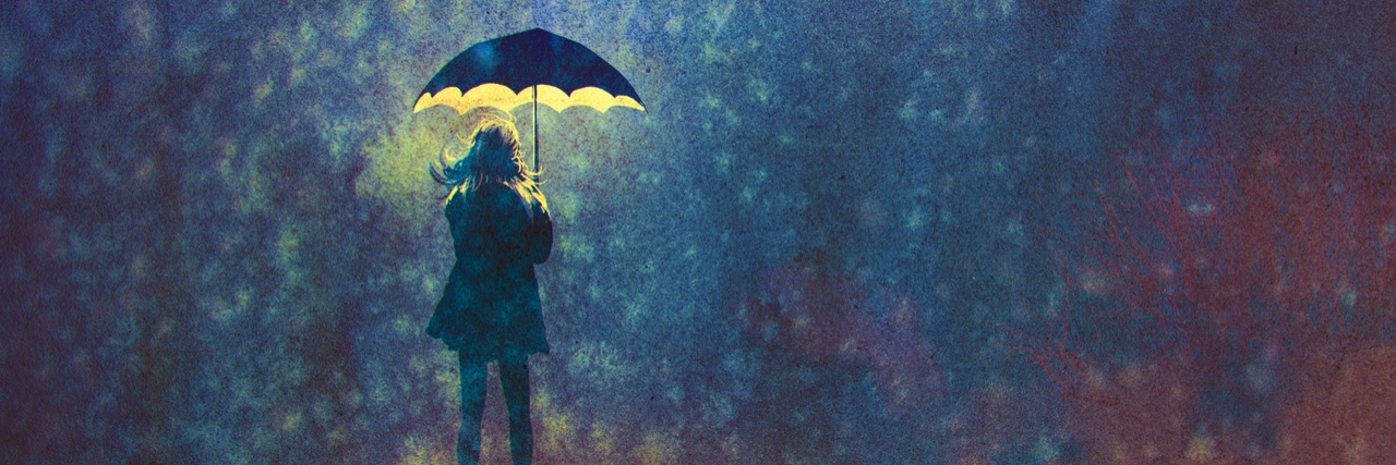 Illustration of woman under umbrella and light in the dark