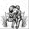 Vector graphic sketch of romantic happy young couple in love sitting on bench.