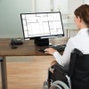 Woman in a wheelchair using a computer.