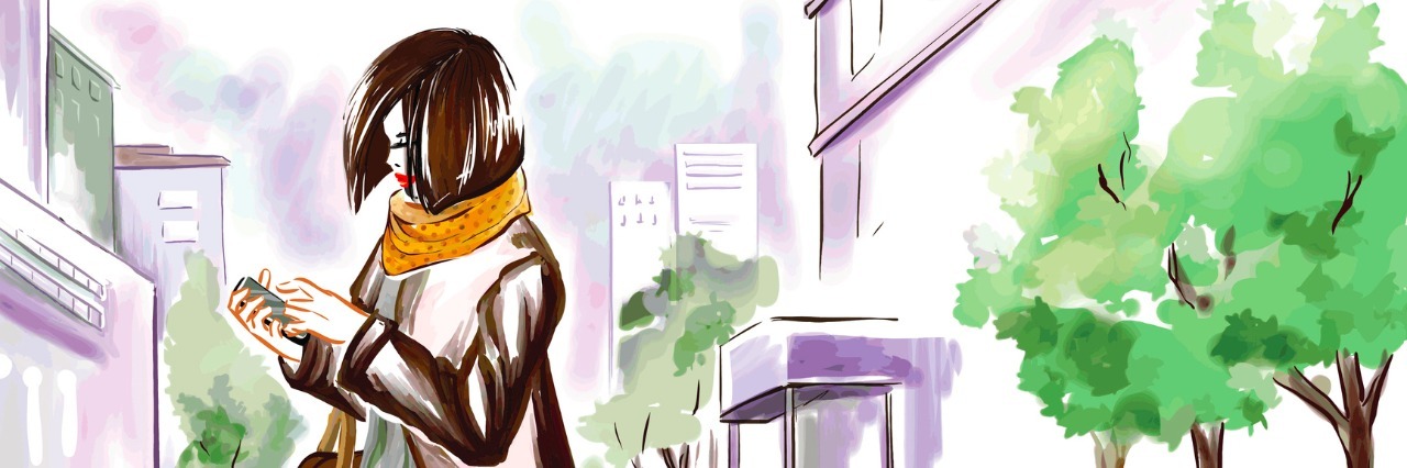 How My Anxiety Helps Me Speak Up for Myself Watercolor illustration of woman holding phone while looking down at it, walking on the street