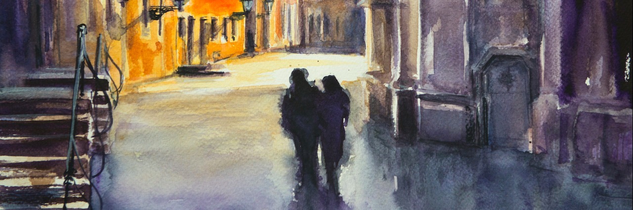 How to Support Your Partner Who Has Chronic Pain Watercolor painted illustration of couple people walking in city.