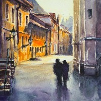 Watercolor painted illustration of couple people walking in city.