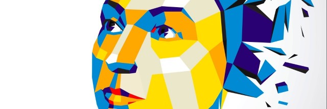 3d vector illustration of human head created in low poly style. Face of pensive female, smart personality. Intelligence allegory, artistic deformed object broken into splinters and fragments.