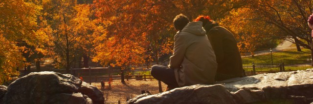 People sitting on a rock in Central Park, New York City, in the fall