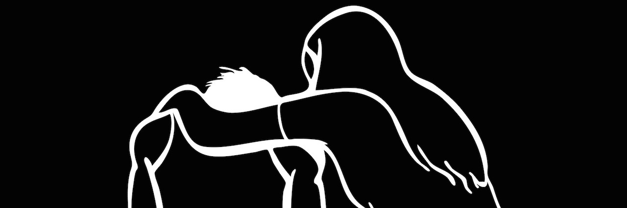 How to Talk to Others Who Also Have Chronic Pain white outline on black background of a friend comforting her friend