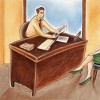 sketch of woman sitting facing man at his office desk