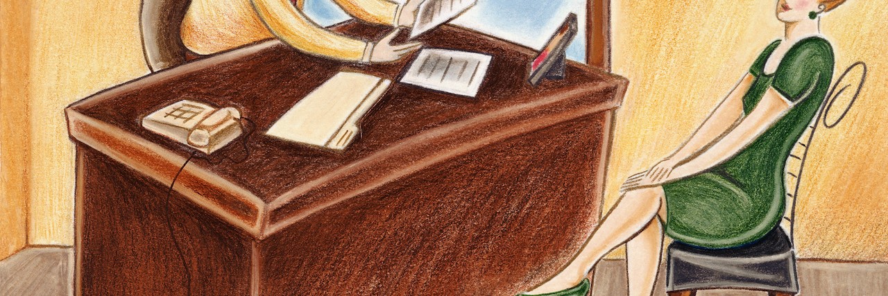 Deciding When to Tell Employer You're Sick sketch of woman sitting facing man at his office desk