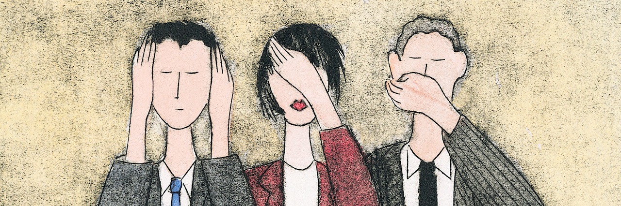 The Difference Between Perfectly Hidden Depression and Depression three people, one with his hands over his ears, one with her hands over her eyes, and one with his hands over his mouth