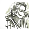 Vector illustration of young elegant female, art image. Black and white portrait of woman resting chin on hand