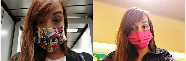 two photos of girl wearing different face masks