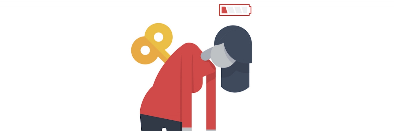 How the Spoon Theory Helps Me as Someone With Autism woman with low battery sign above head and wind up on back