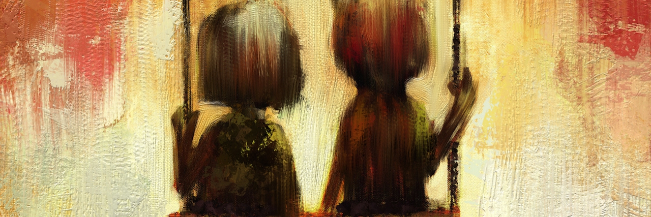 digital painting of couple under tree over swing, oil on canvas texture