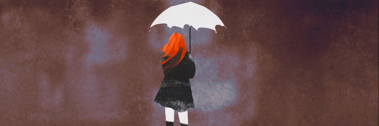 Advice About Why It's OK to Grieve Losses in Your Life rear view of woman with white umbrella standing against ruined city,illustration painting