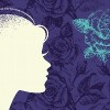 Vintage retro background with hand drawn rose flowers and woman's profile