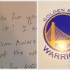 A handwritten note next to the Golden State Warriors logo (a yellow bridge against a blue background) and the words Golden State Warriors