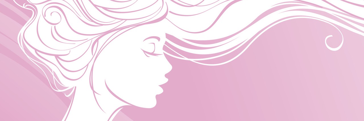 drawing of woman with waving hair on pink background