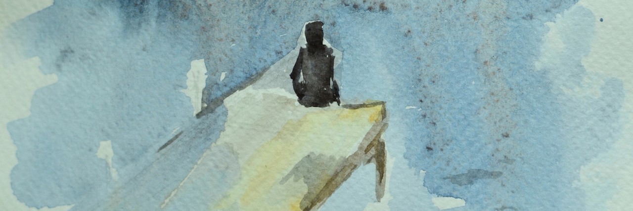 The lonely human on the bridge by the sea. Watercolor painting.