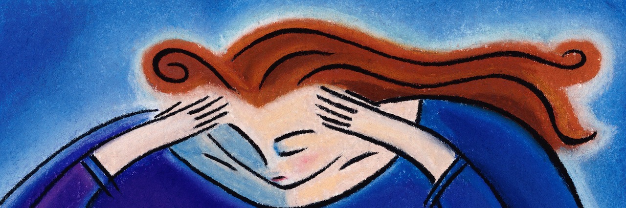How Chronic Illness Can Lead to Post-Traumatic Stress Disorder drawing of woman wearing blue shirt with her hands on her head