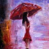 Original oil painting showing beautiful young woman in red,holding red umbrella near a street lamp on canvas.