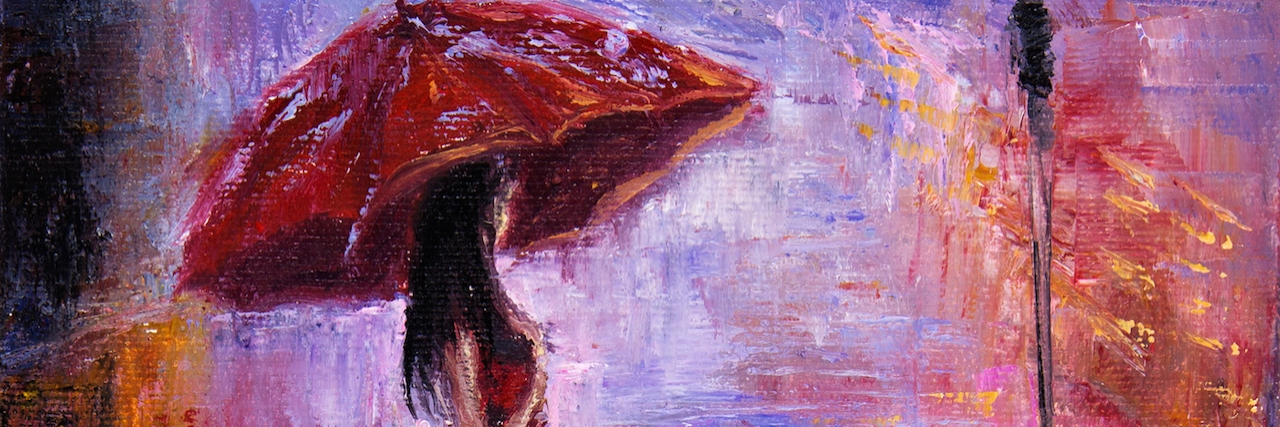 Unexpected Side Effects of Becoming Chronically Sick Original oil painting showing beautiful young woman in red,holding red umbrella near a street lamp on canvas.