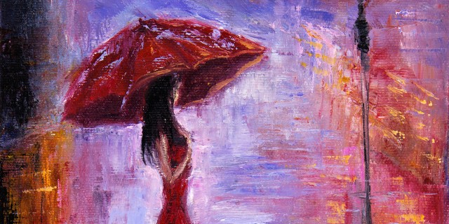 Original oil painting showing beautiful young woman in red,holding red umbrella near a street lamp on canvas.
