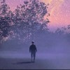 man standing against the milky way above silhouetted trees,night sky,scenery illustration