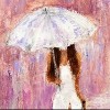 Original abstract oil painting showing beautiful young woman in white dress and umbrella walking on the street on canvas. Modern Impressionism, modernism,marinism