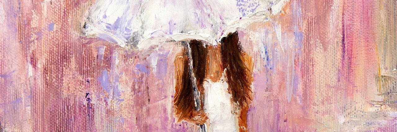 When My Disease Makes Me Feel Like a Burden to My Family Original abstract oil painting showing beautiful young woman in white dress and umbrella walking on the street on canvas. Modern Impressionism, modernism,marinism