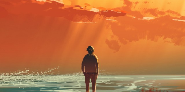 lonely man standing on the sea under sunset sky,illustration painting