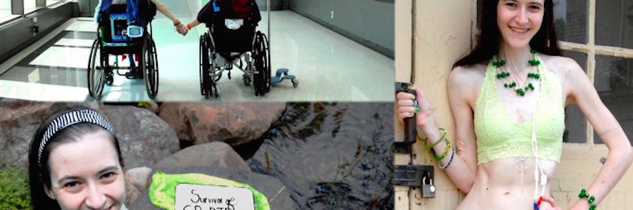 Digestive Tract Paralysis: Woman Is Proud of What She Has Overcome photos of woman with digestive tract paralysis (DTP) in the hospital, standing at a door, sitting and holding pins