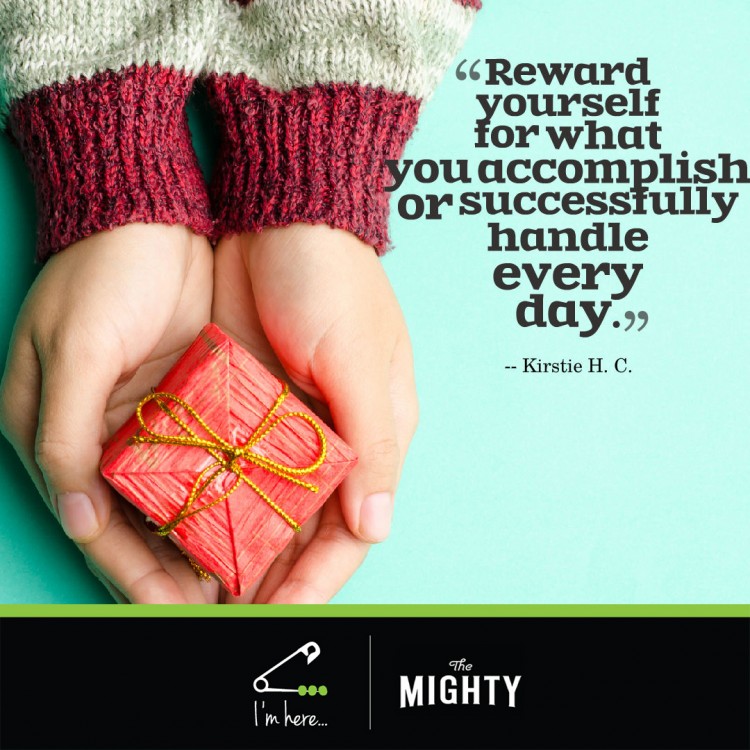 hands holding a present. Text reads: "Reward myself for what I accomplish or successfully handled every day."