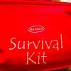 red bag that says "survival kit"