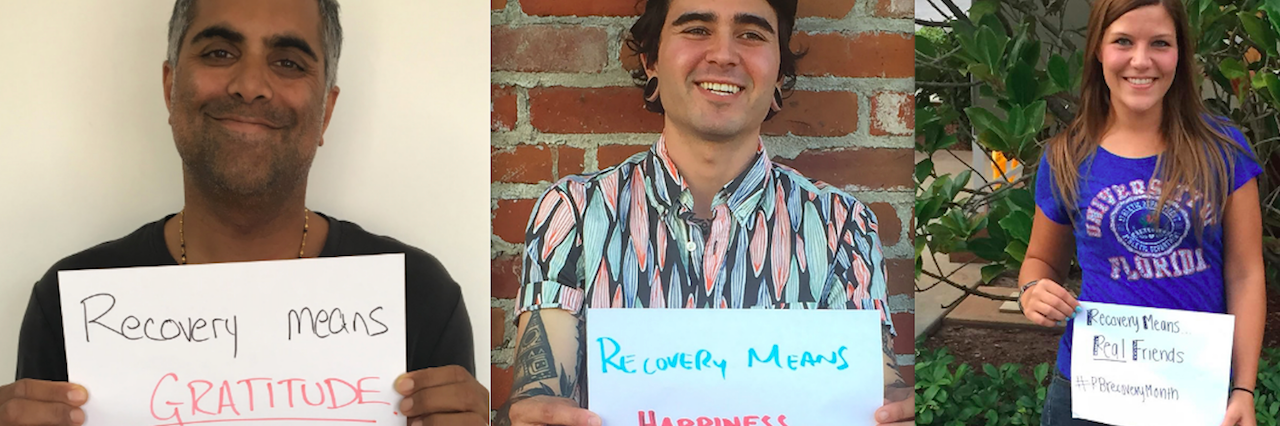 3 people holding up their recovery month signs