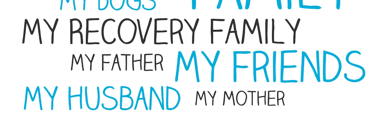 National Recovery Month: We’re on This Journey Together the words: Family, friends, husband, wife, dog, friend