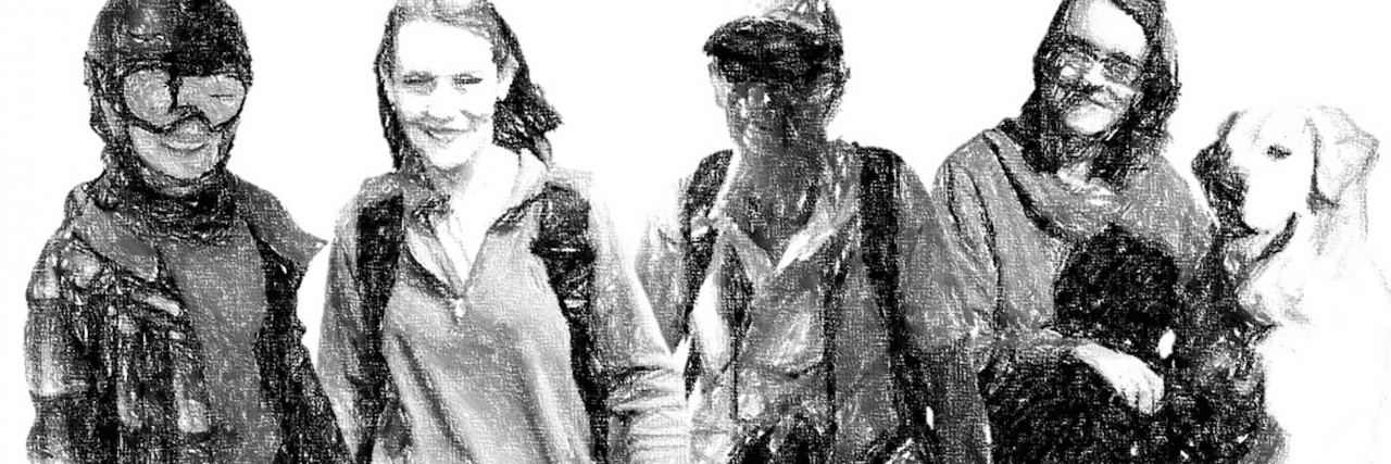 An Answer to the Question, What Does a Diagnosis 'Look Like'? Black and white photo featuring four different photos of the author - one in a ski outfit, one wearing a backpack, one wearing a camera around her neck, and one with a dog