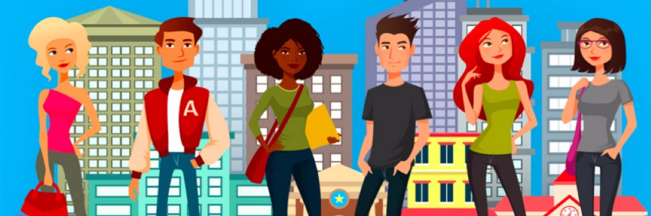 Natalie Hampton Creates 'Sit With Us' App to Find Kids Lunch Buddies Promotional image of "Sit With Us" app. Features a diverse group of cartoon-like people standing in front of a cityscape.